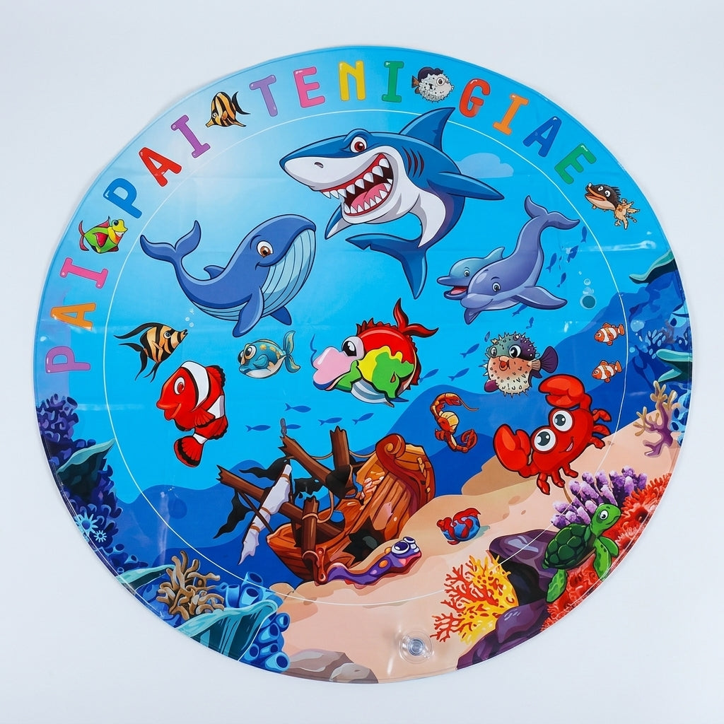 Round inflatable pet water mat with bright ocean-themed design