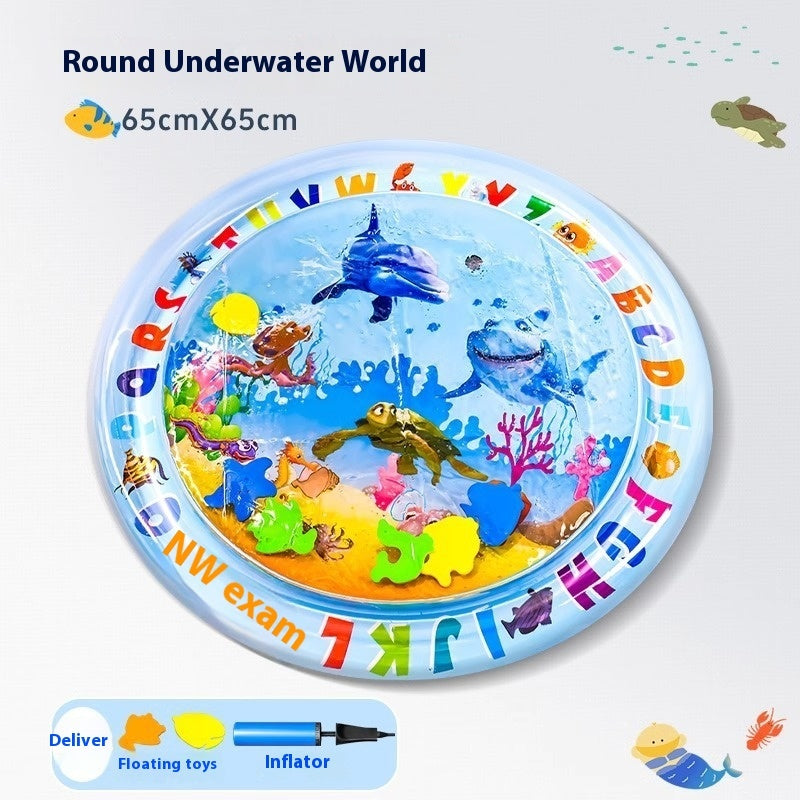 Round underwater-themed inflatable water mat for dogs and cats