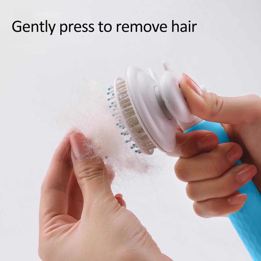 Self-cleaning pet brush removing loose hair from the coat