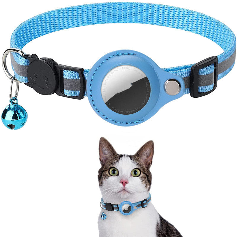 Sky blue reflective breakaway cat collar with AirTag holder and bell