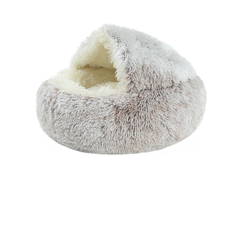 Fluffy pet bed with a white interior on a white background