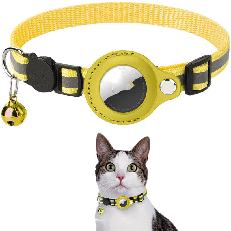 Yellow reflective breakaway cat collar with AirTag holder and bell
